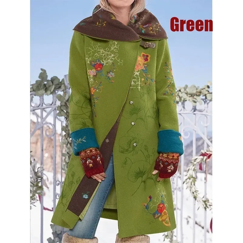 Fashion Warm Wool Vintage Print Hooded Lapel Fleece Casual Coats