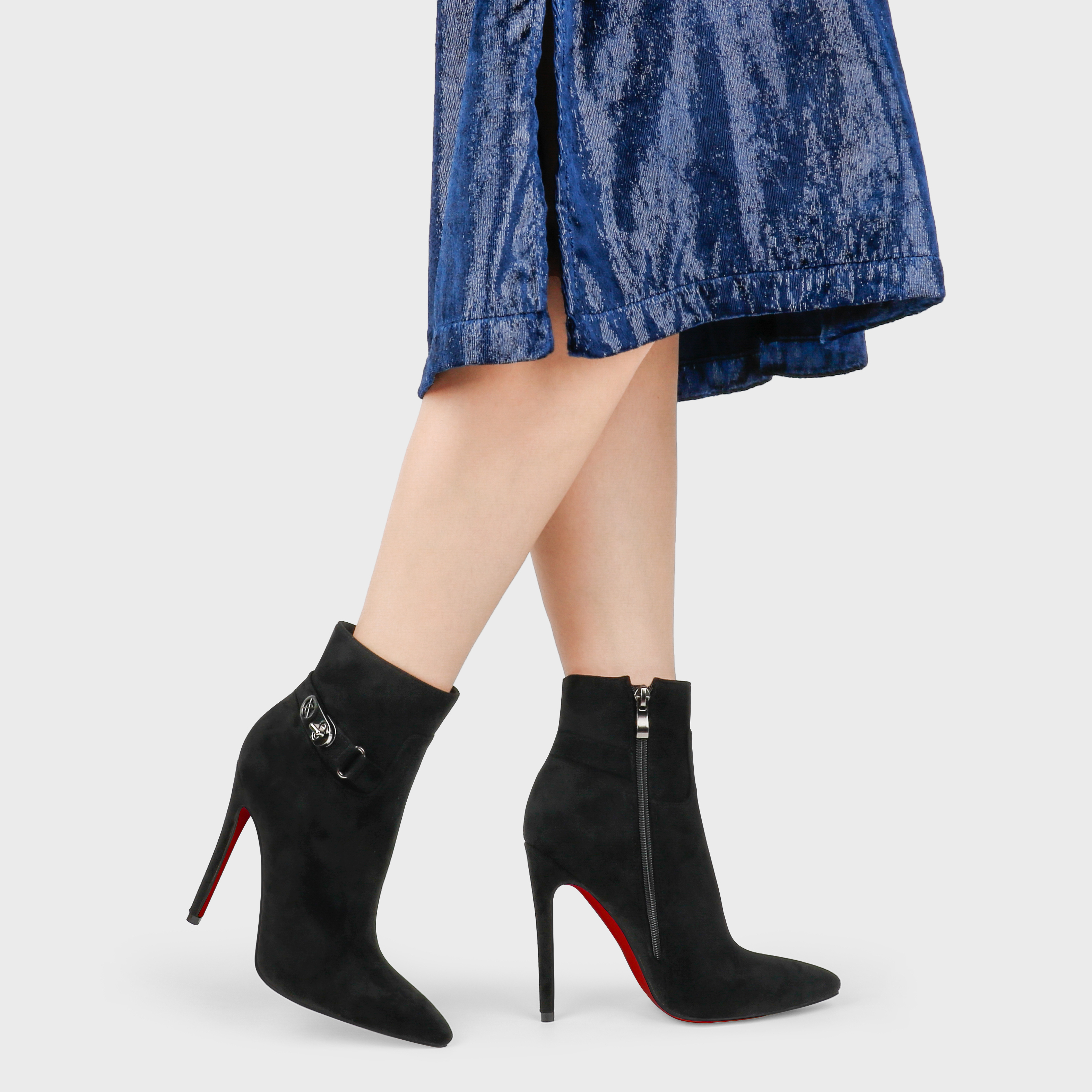 Women's Pointed Toe Suede Stiletto Ankle Boots Side Zipper Booties With Metal Buckle-vocosishoes