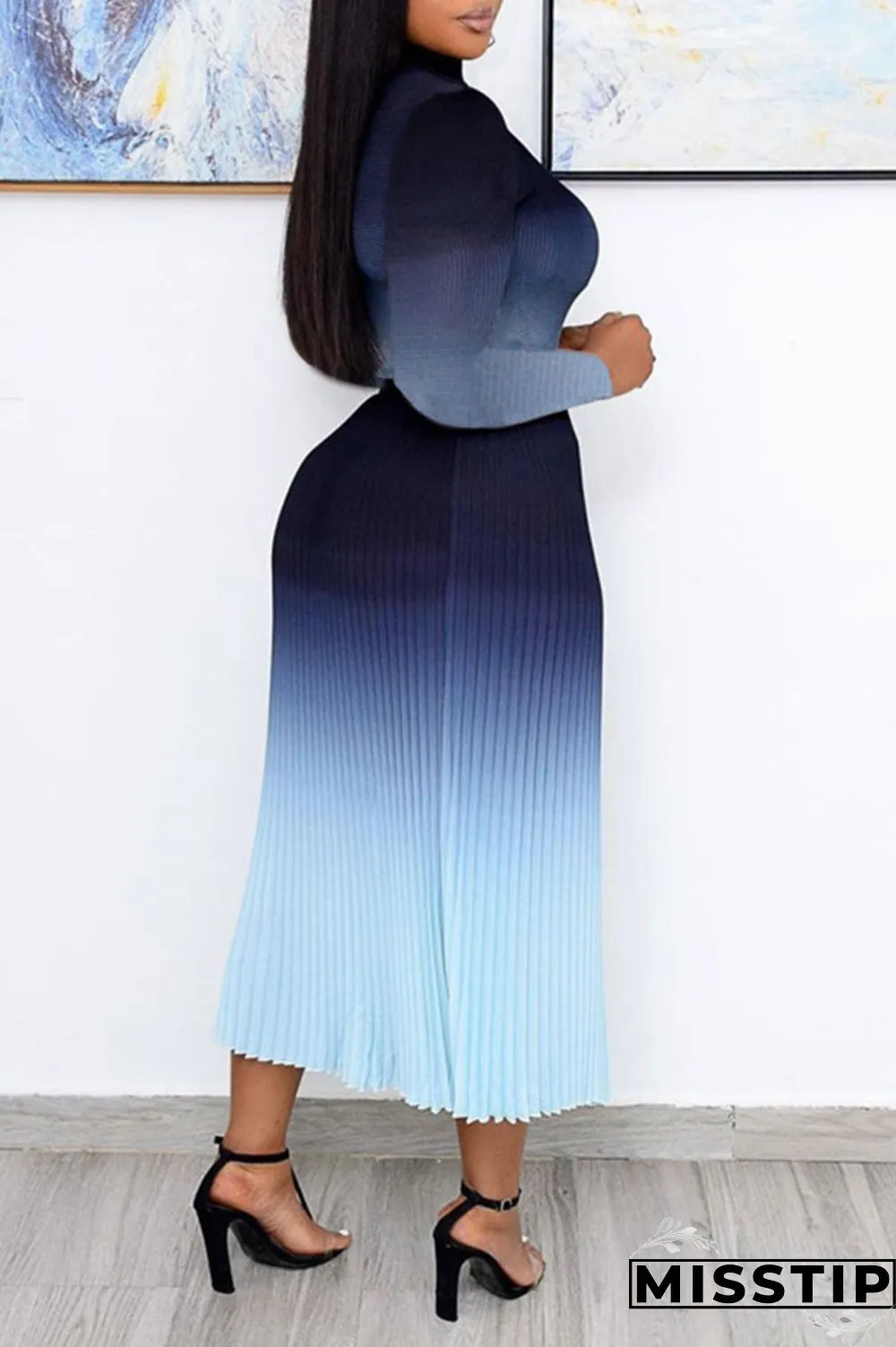 Red Casual Elegant Gradual Change Patchwork Fold Half A Turtleneck Long Sleeve Two Pieces