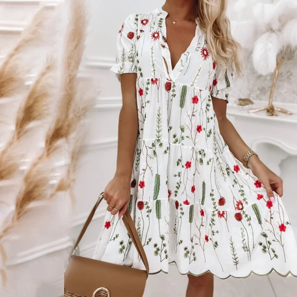 White Short Sleeve Print Mini Dress