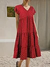 Polka-dot Print V-neck Dress, Elegant Ruffle Hem Short Sleeve Dress For Spring & Summer, Women's Clothing