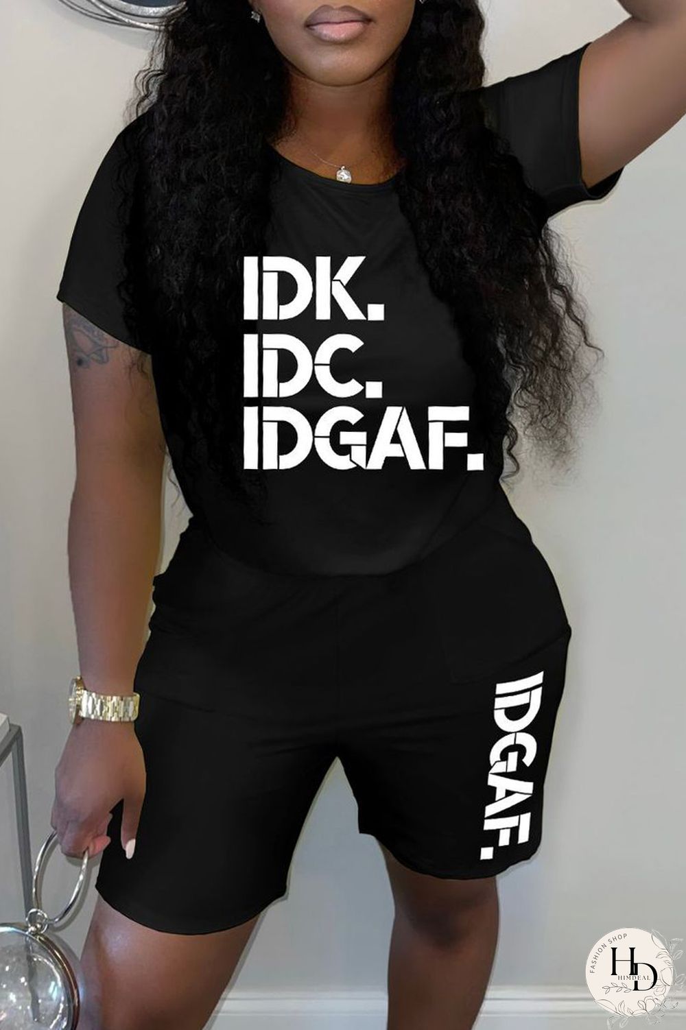 Black Casual Letter Print Basic O Neck Short Sleeve Two Pieces