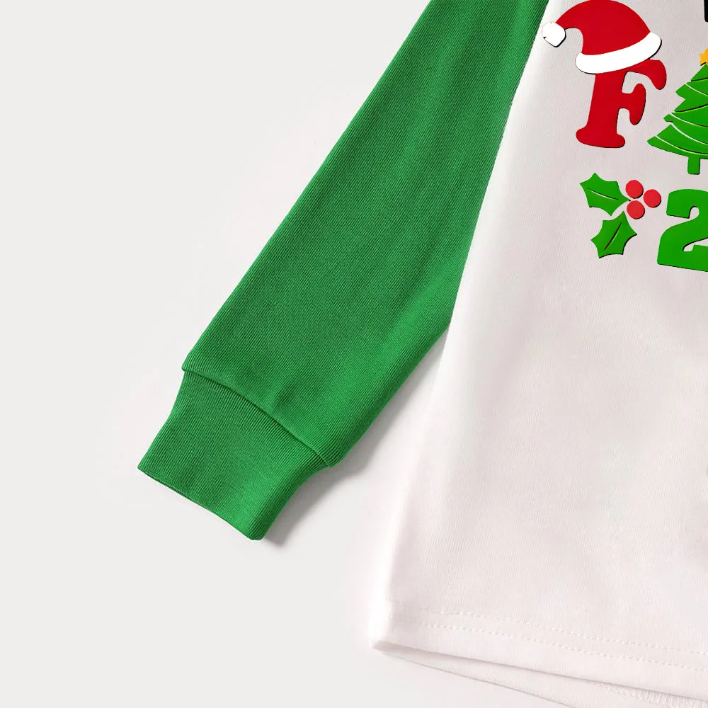 Christmas We are Family 2024 Letter Print Green Rotator Cuff Top With Green & Black Plaid Family Matching Pajamas