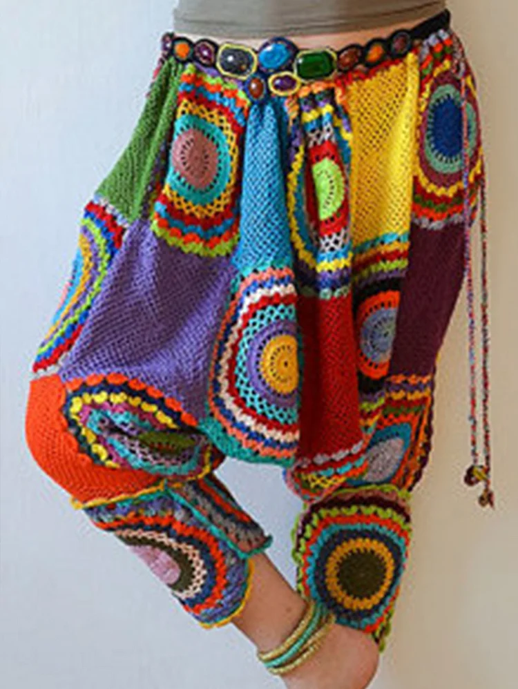 Vintage Crochet Colorblock Circulare Pattern Dropped Crop Harem Pants