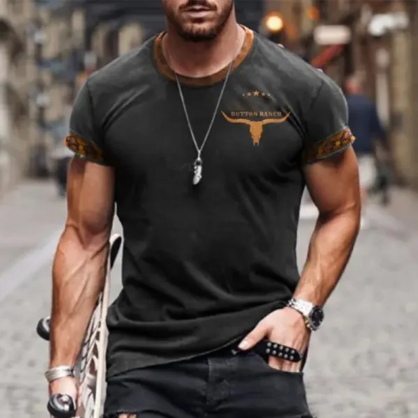 BrosWear Men'S Western Style Bull Head Splicing Short Sleeve T Shirt