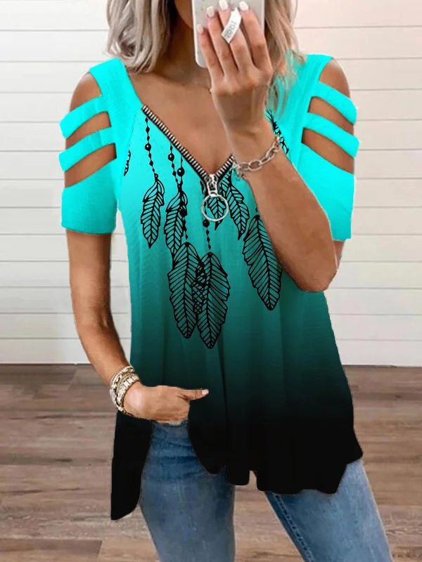 Feather Gradient Hollow Shoulder T Shirt