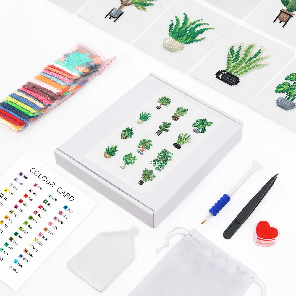 12pcs Plants DIY Mini Square Diamond Painting for Desktop Decor No Frame(14*18cm)