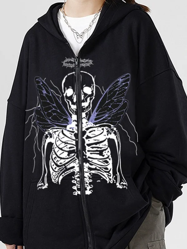 Dark Goth Skull Printed Drawstring Pullover Long Sleeve Brushed Oversize Zip Up Jacket