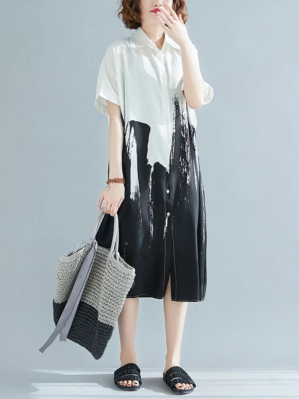 Original Print Lapel Short Sleeve Shirt Dress