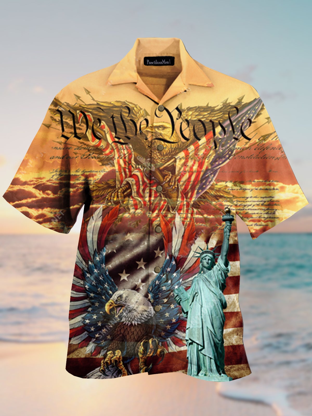 Men Eagle And Statue Of Liberty Print Short Sleeves Camp Collar Shirt PLUSCLOTHESMAN