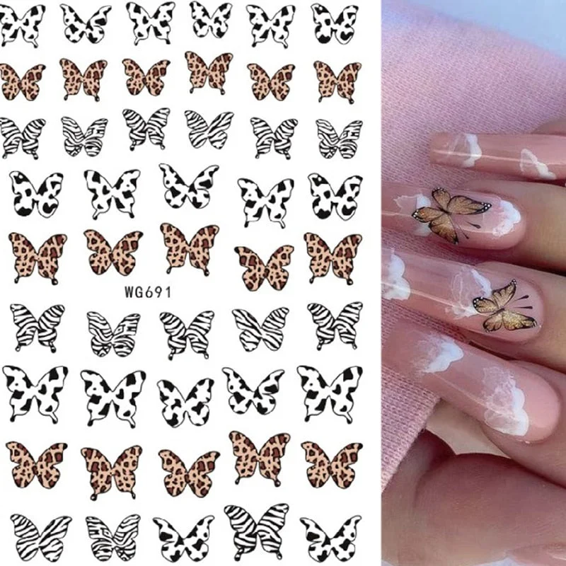 Black White Milk Cow 3D Nail Stickers Butterfly Leopard Adhesive Nail Transfer Decals Sliders Wraps DIY Nail Art Decorations