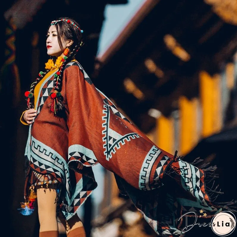 Super Thick National Style Bohemia Tibetan Brick Red Shawl Scarf