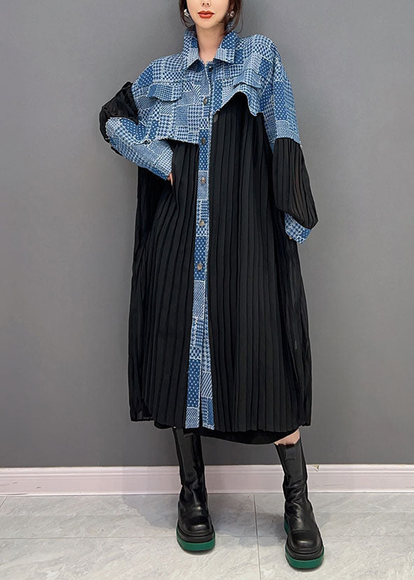 VCSHOES Black Peter Pan Collar Denim Fabric Patchwork Silk Dresses Spring