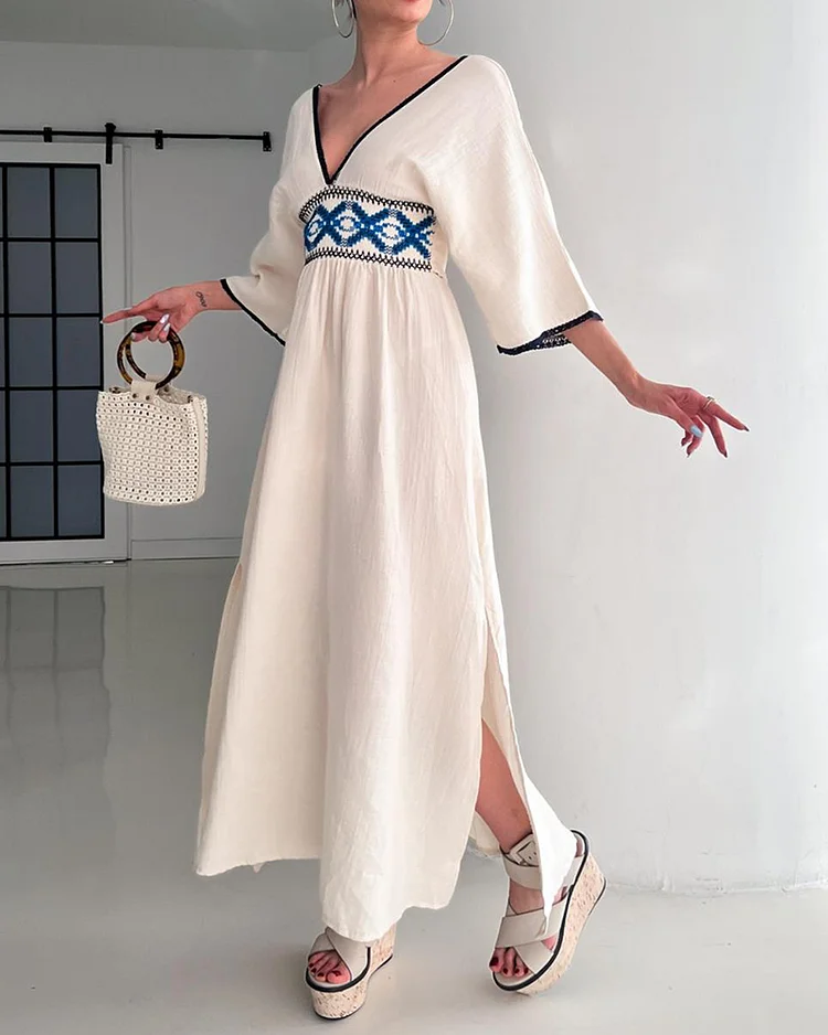 V-Neck Waist-Skimming Comfortable Cotton Dress