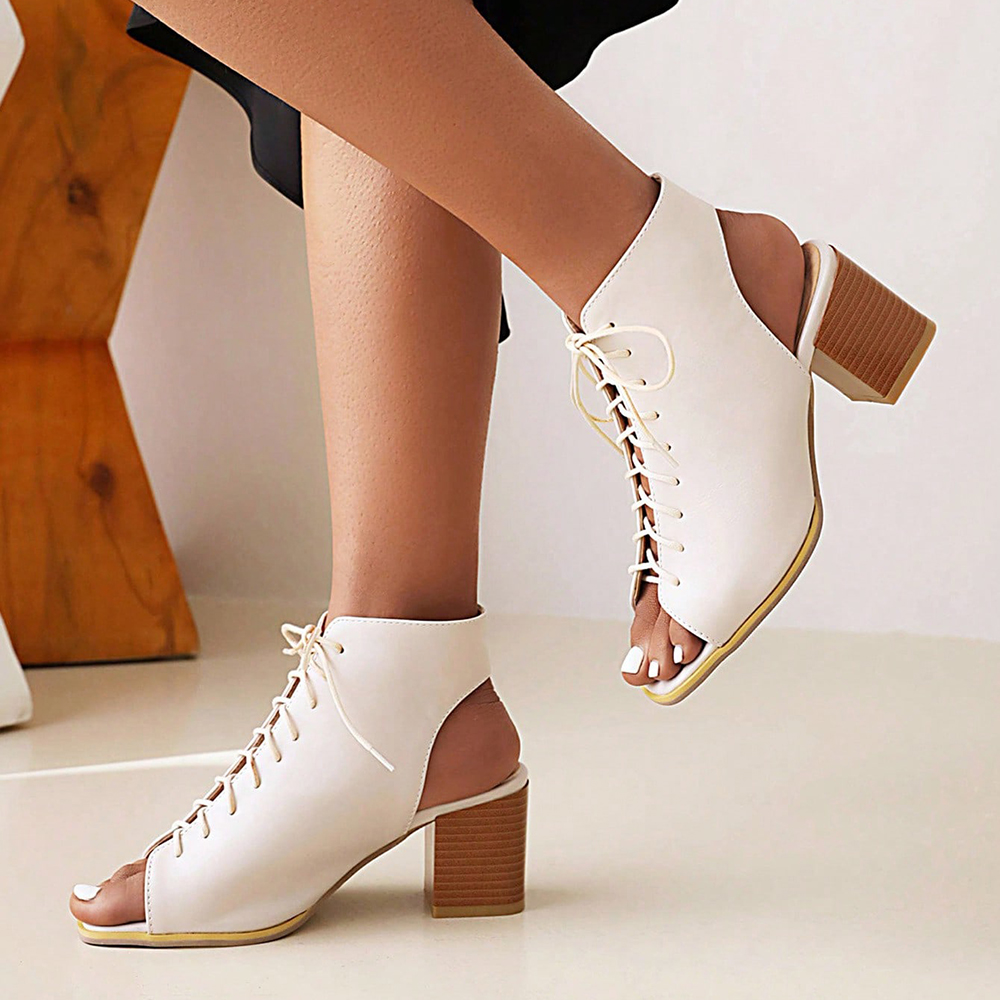 White Square Toe Chunky Heel Lace Up Ankle Boots Nicepairs