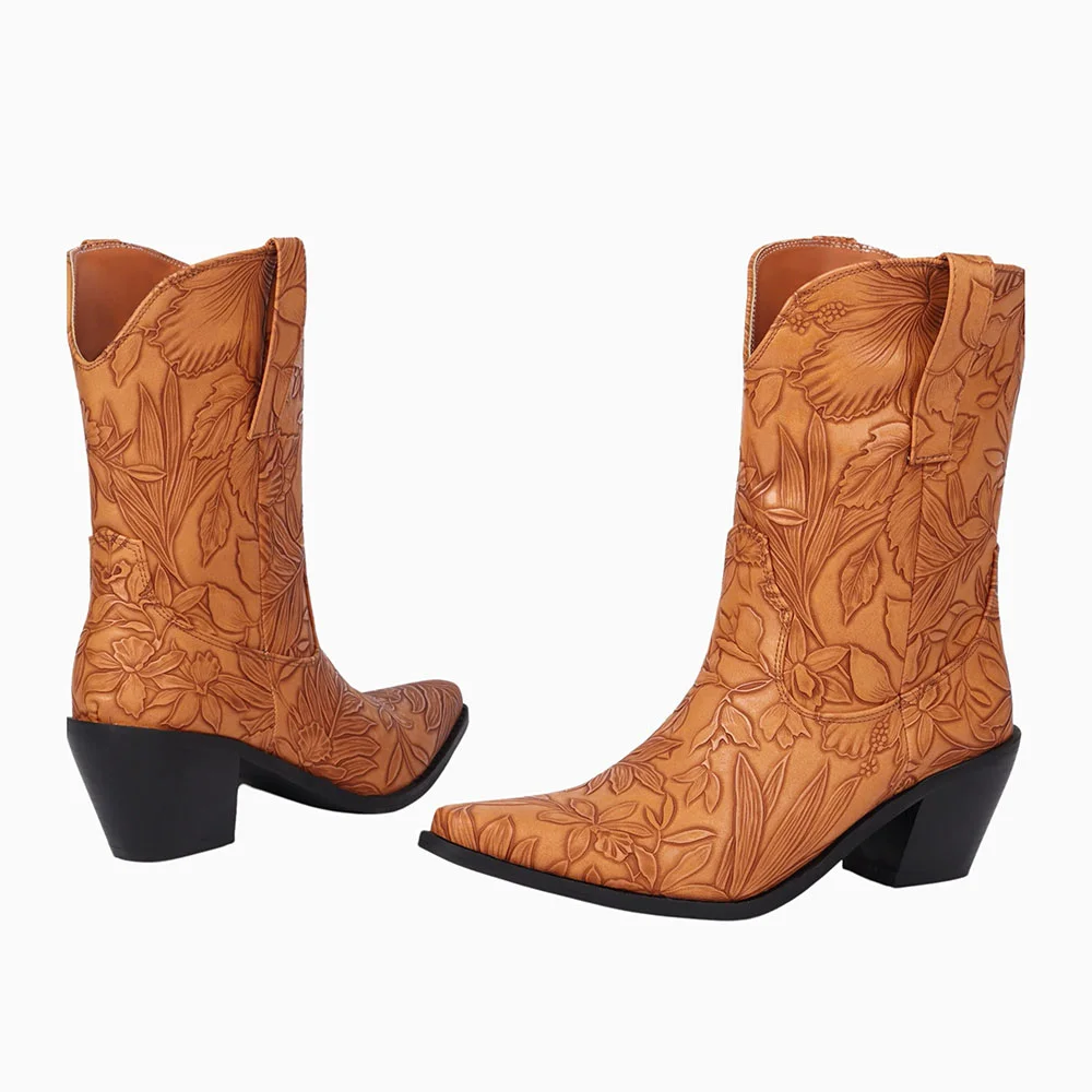 Brown Square Toe Chunky Heel Floral Embossed Women's Western Boots