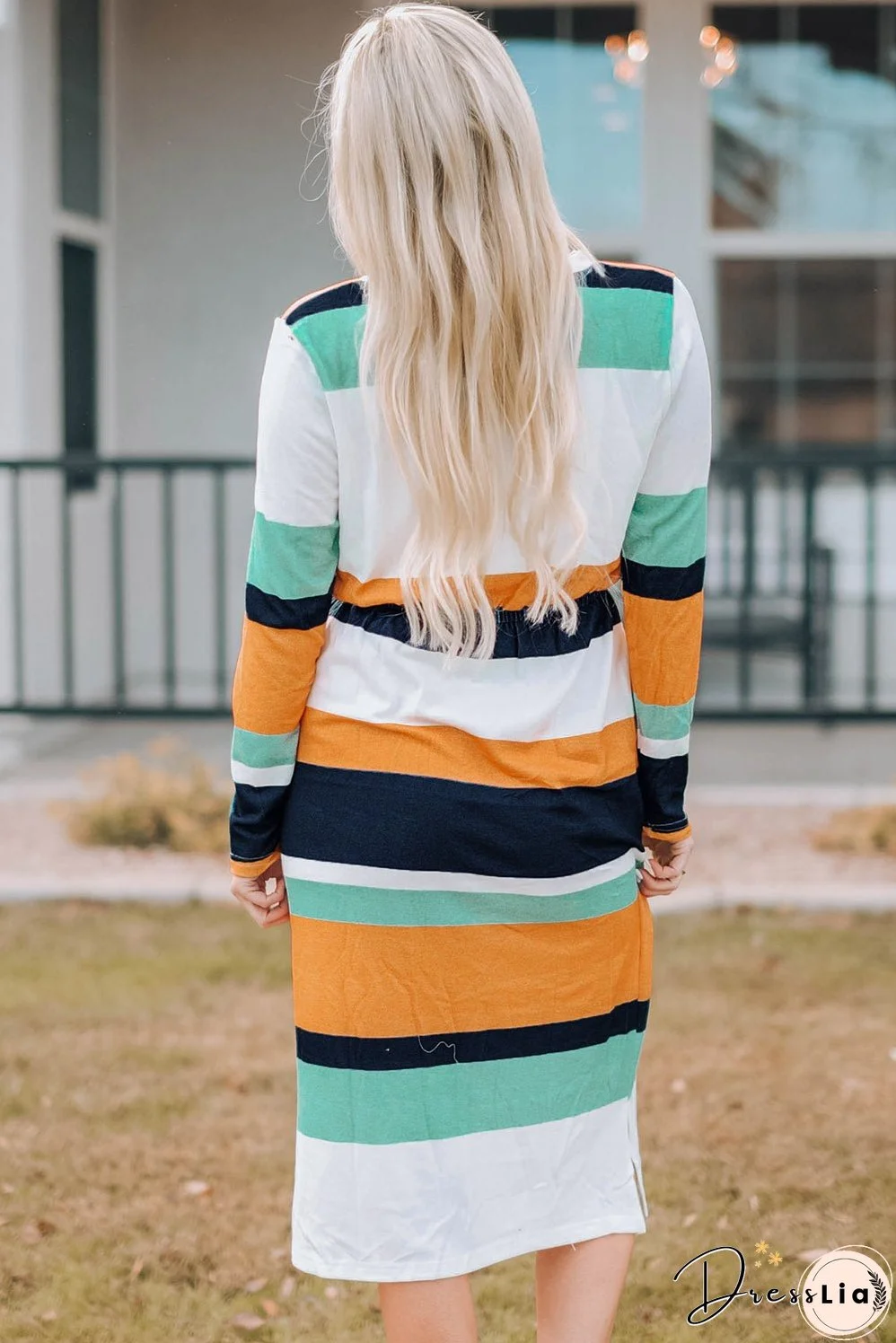 Striped Drawstring Waist Side Slit Midi Dress
