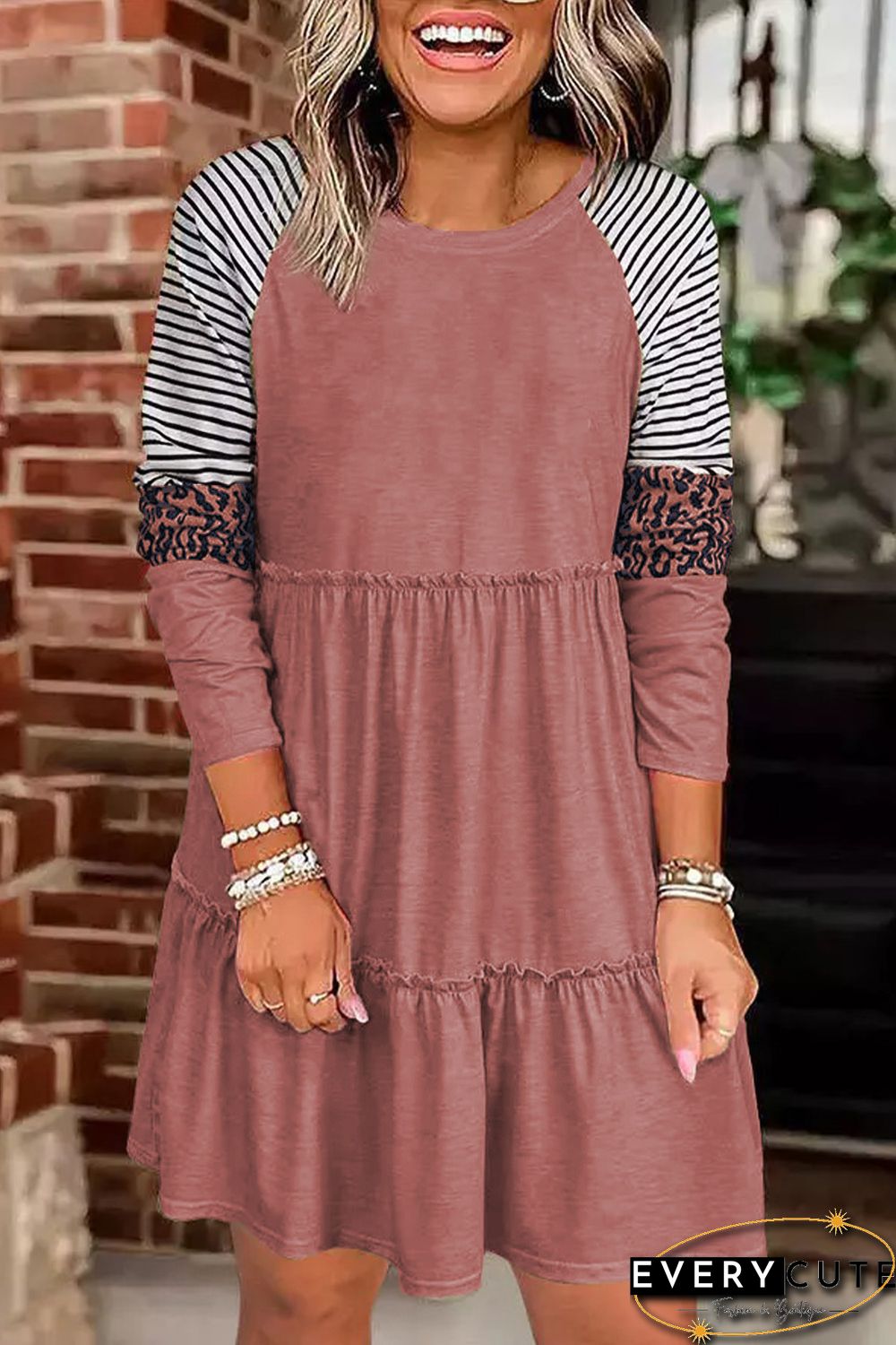 Pink Striped Leopard Patchwork Long Sleeve Mini Dress