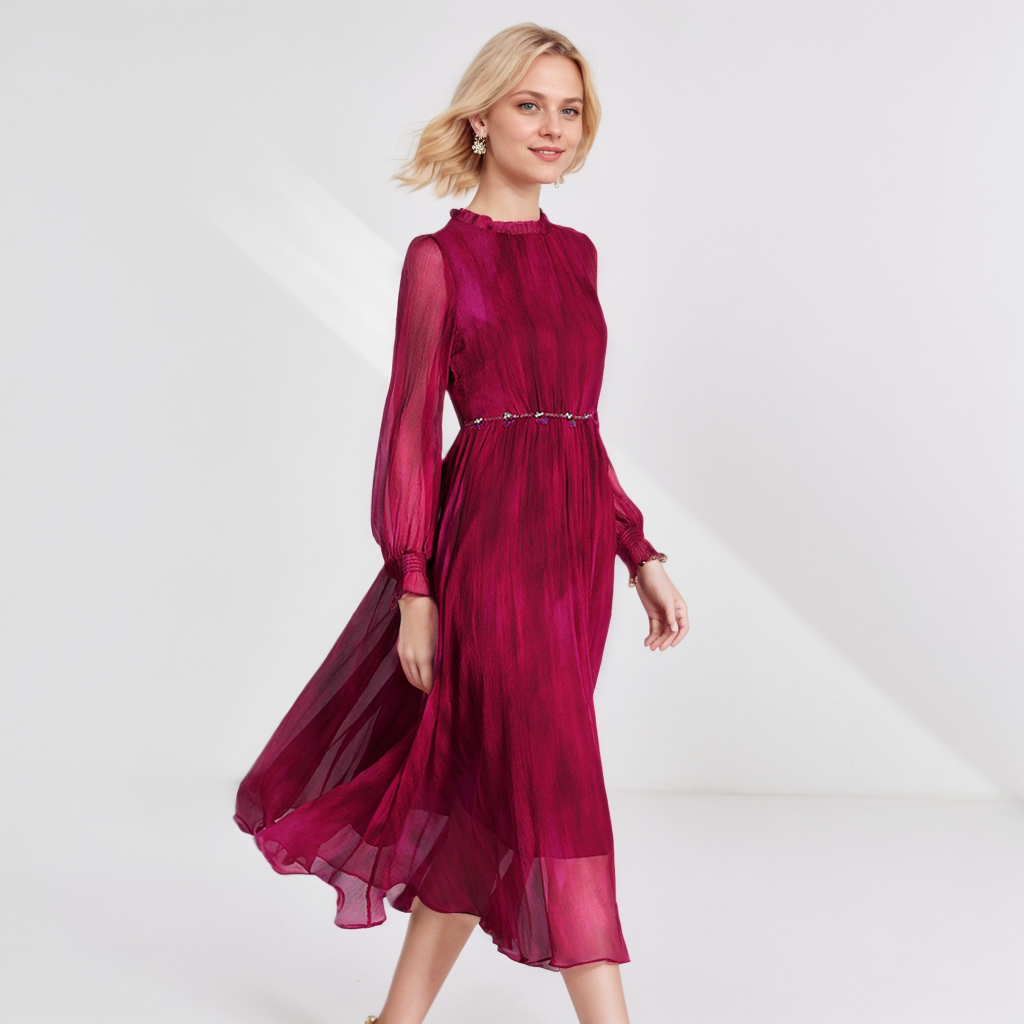 Red Silk Dress Flared Sleeves For Wedding Guest REAL SILK LIFE