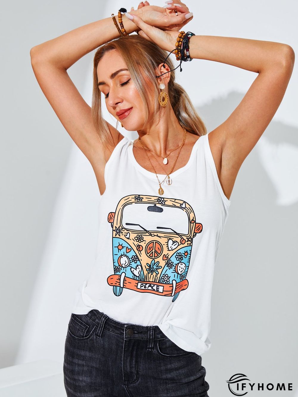 Sleeveless Cotton-Blend Printed Casual Shirts & Tops | IFYHOME