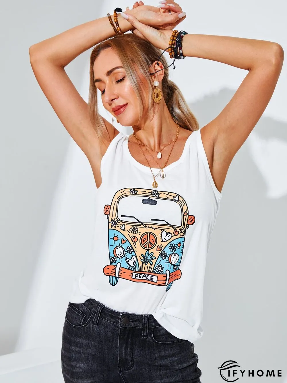 Sleeveless Cotton-Blend Printed Casual Shirts & Tops | IFYHOME