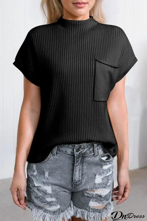 Ribbed Mock Neck Short Sleeve Knit Top