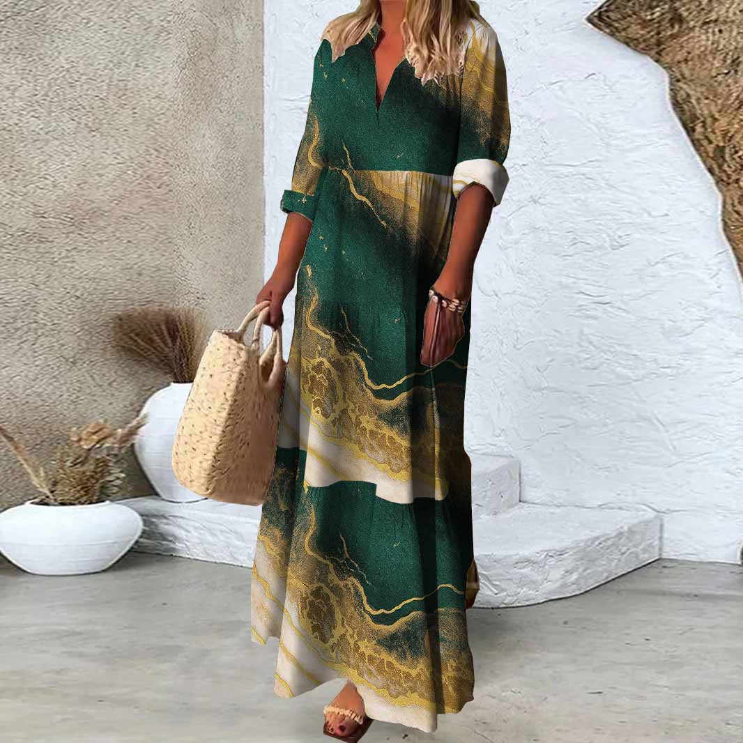 Women Textured, Green, Gold DZDN1056 SPU Printed Long Sleeve V-neck Maxi Dress