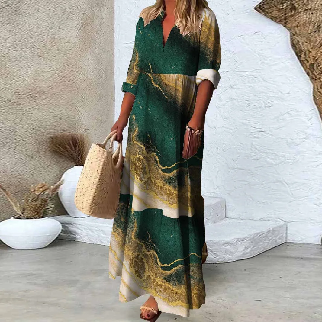 Women Textured, Green, Gold DZDN1056 SPU Printed Long Sleeve V-neck Maxi Dress