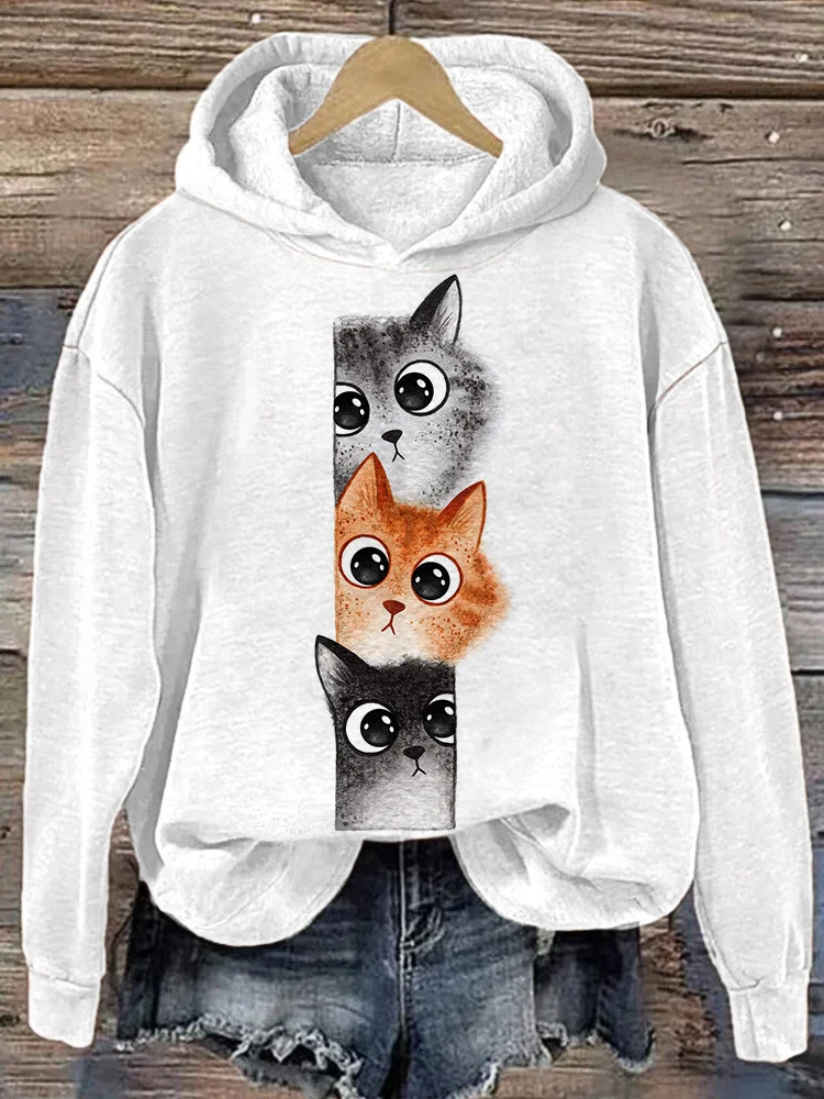 Comstylish Watercolor Cat Print Cat Lover Casual Cozy Hoodie