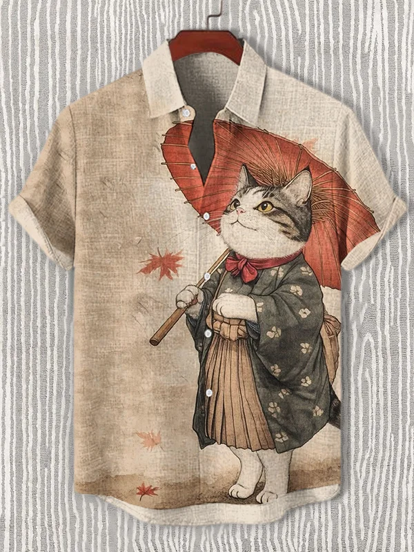 Men's Kimono Cat With An Umbrella Print Short Sleeve Shirt