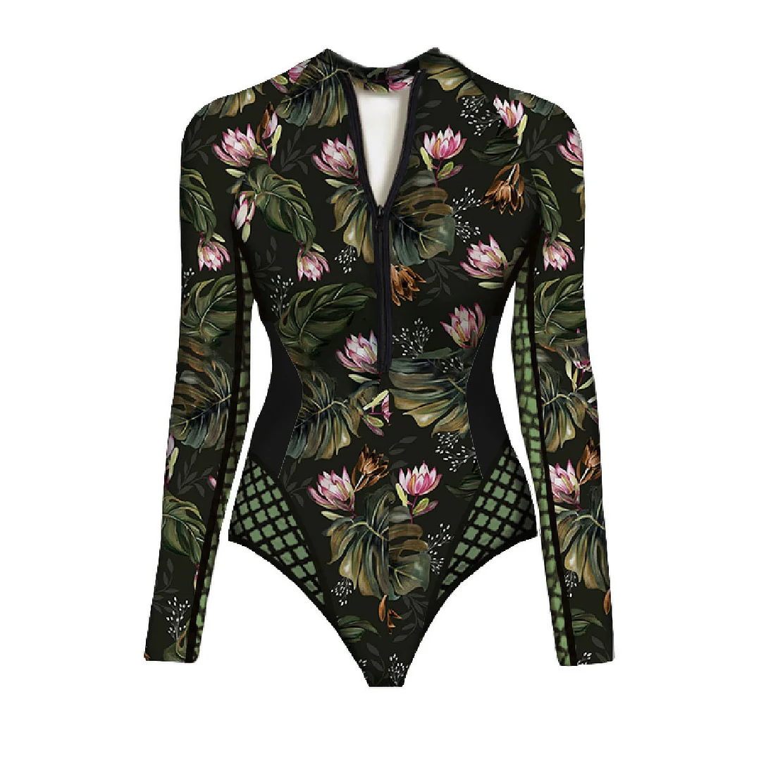 Churchf 2025 New Swimsuit Women's Sense Sports Long-Sleeved Printed Surf Swimsuit