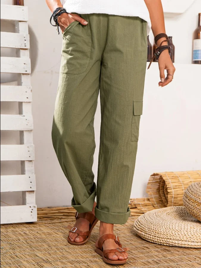 Solid Color Multi-Pocket Loose Casual Pants