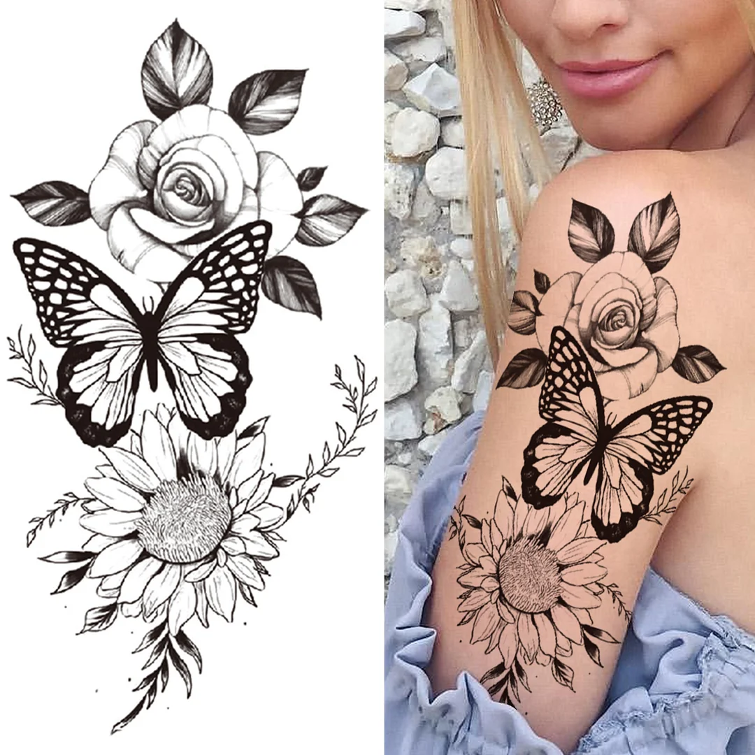Sdrawing Flower Temporary Tattoos For Women Girls Black Lotus Arrow Arm Tattoo Sticker Fake Drearm Catcher Butterfly Tatoos Paste