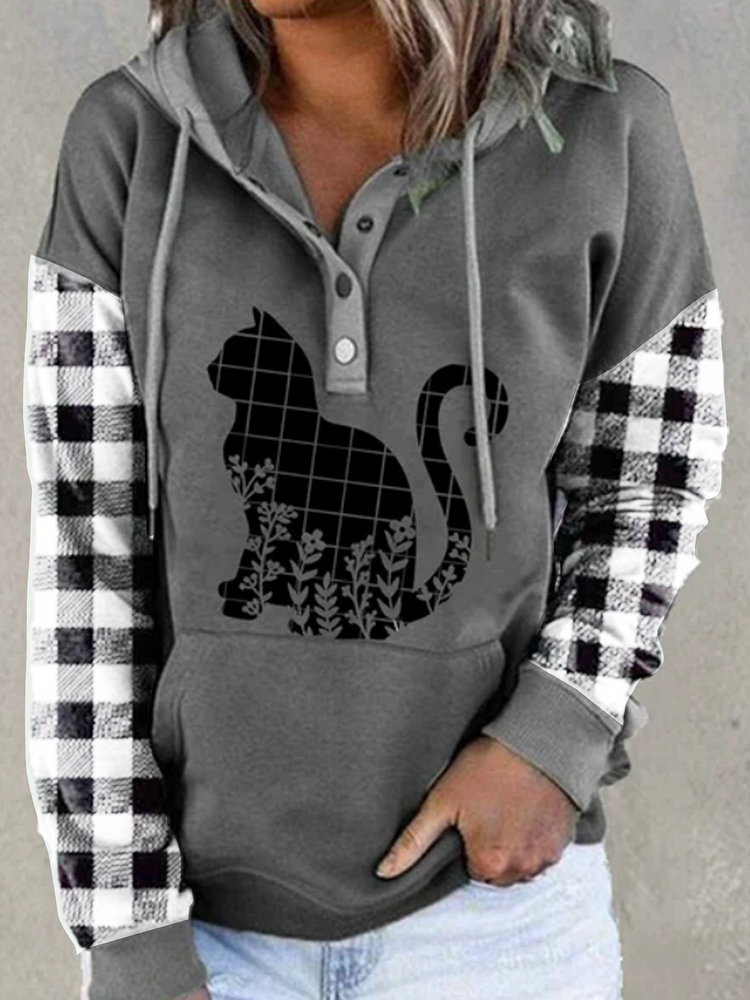 Long Sleeve Round Neck V-Neck Hooded Geometric Plaid Animal Cat Print Top Women's Sweater