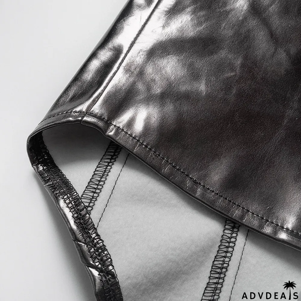 Women Summer Solid Color Sexy Sleeveless Backless Lace-Up PU-Leather Strapless Top