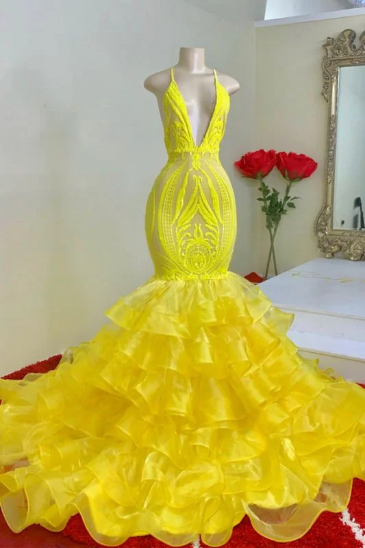 Yellow Spaghetti-Straps Mermid Prom Dress Lace With Ruffles Yellow Spaghetti-Straps Mermid Lace Prom Dress With Ruffles | Ballbellas Ballbellas