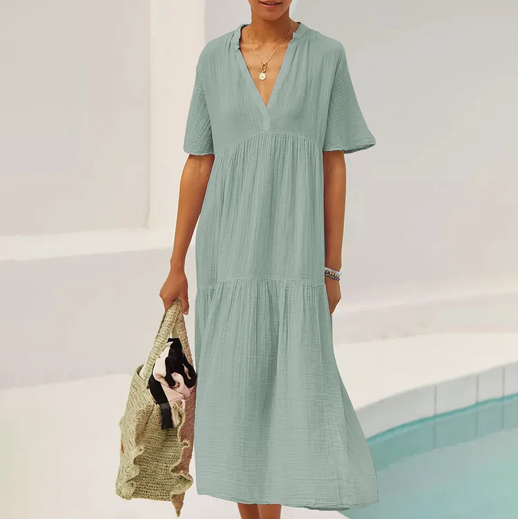 Women's 2024 Summer Holidy Dress V-Neck Short Sleeve Solid Loose Maxi Dresses