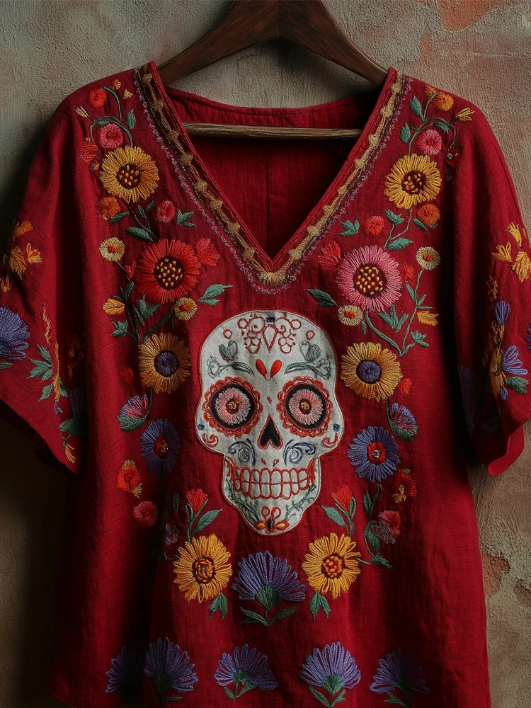Day Of The Dead Sugar Skulls Floral Embroidered Linen Tunic