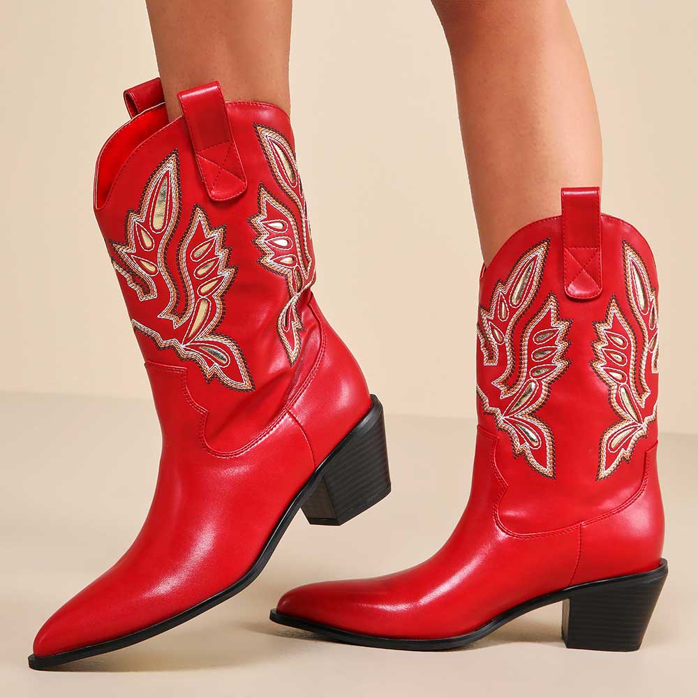 Vegan Leather Pointed Toe Block Heel Embroidered Cowgirl Boots In Red Nicepairs