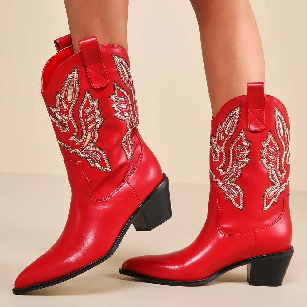 Vegan Leather Sophisticated Pointed Toe Embroidered Block Heeled Cowgirl Boots In Red Nicepairs