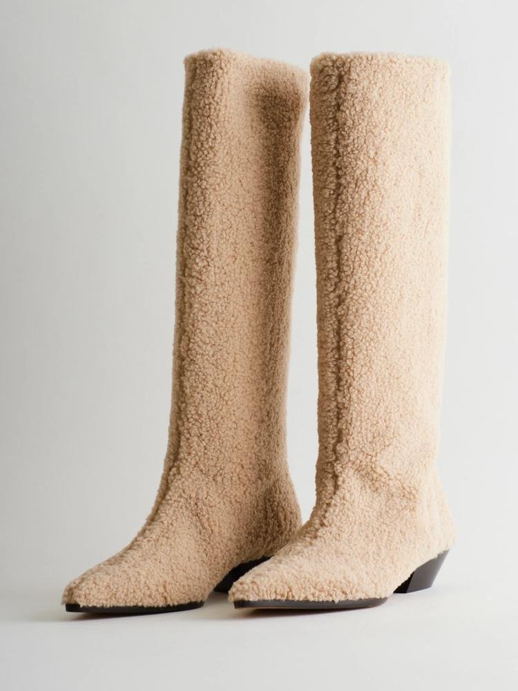 Apricot Faux Fur Low Chunky Heel Western Mid Calf Boots
