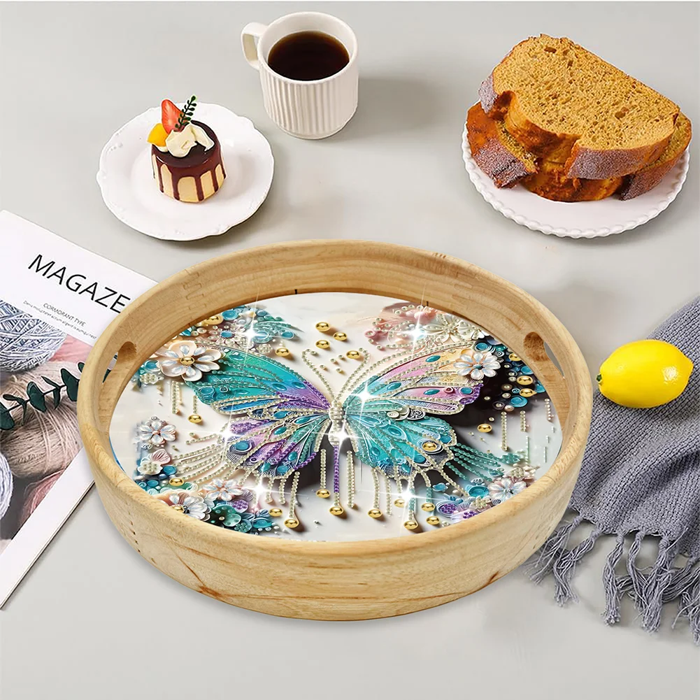 DIY Butterfly Wooden Diamond Food Dinner Plate with Handle for Coffee Table
