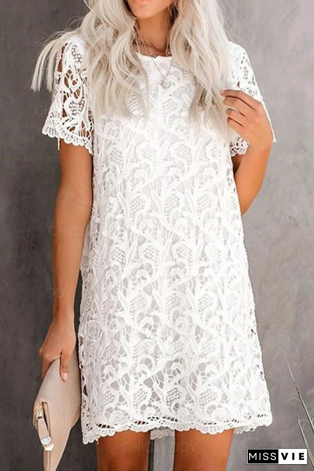 Casual Solid Lace O Neck Straight Dresses