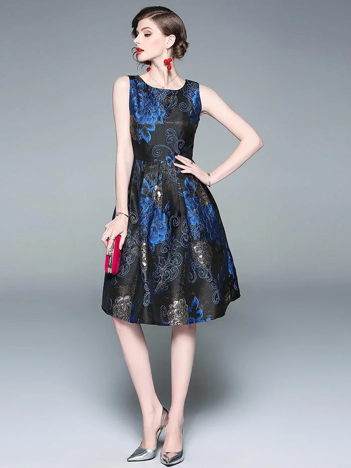 Temperament gold silk jacquard waist sleeveless dress