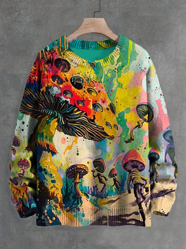 Men's Hippie Mushroom Psychedelic Art Print Knit Sweatshirt