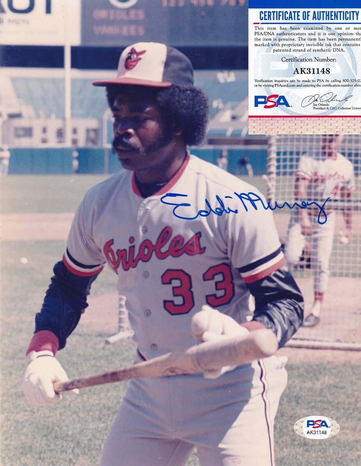 EDDIE MURRAY BALTIMORE ORIOLES PSA AUTHENTICATED ACTION SIGNED 8x10