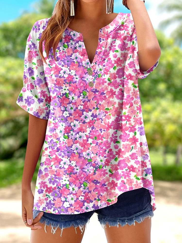 Women's Summer Floral Pattern Cotton Short Sleeve Top