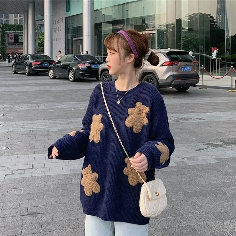 Jangj Cartoon Bear Sweater Women Cute Knitted Pullovers Japanese Harajuku Oversized Knitwears Korean Loose Casual Jumper Tops