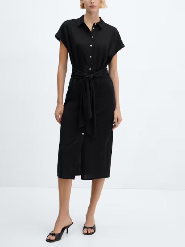 Shirt-Style With Waist Strap And Short Sleeve Midi Dress