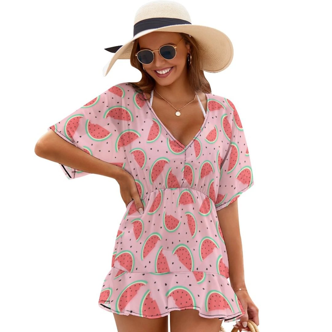 Watermelon Summer Vector Background Cover Ups Dress Women Chiffon Swimsuit Bathing Suit Bikini Stylish Beach Cover up - neewho